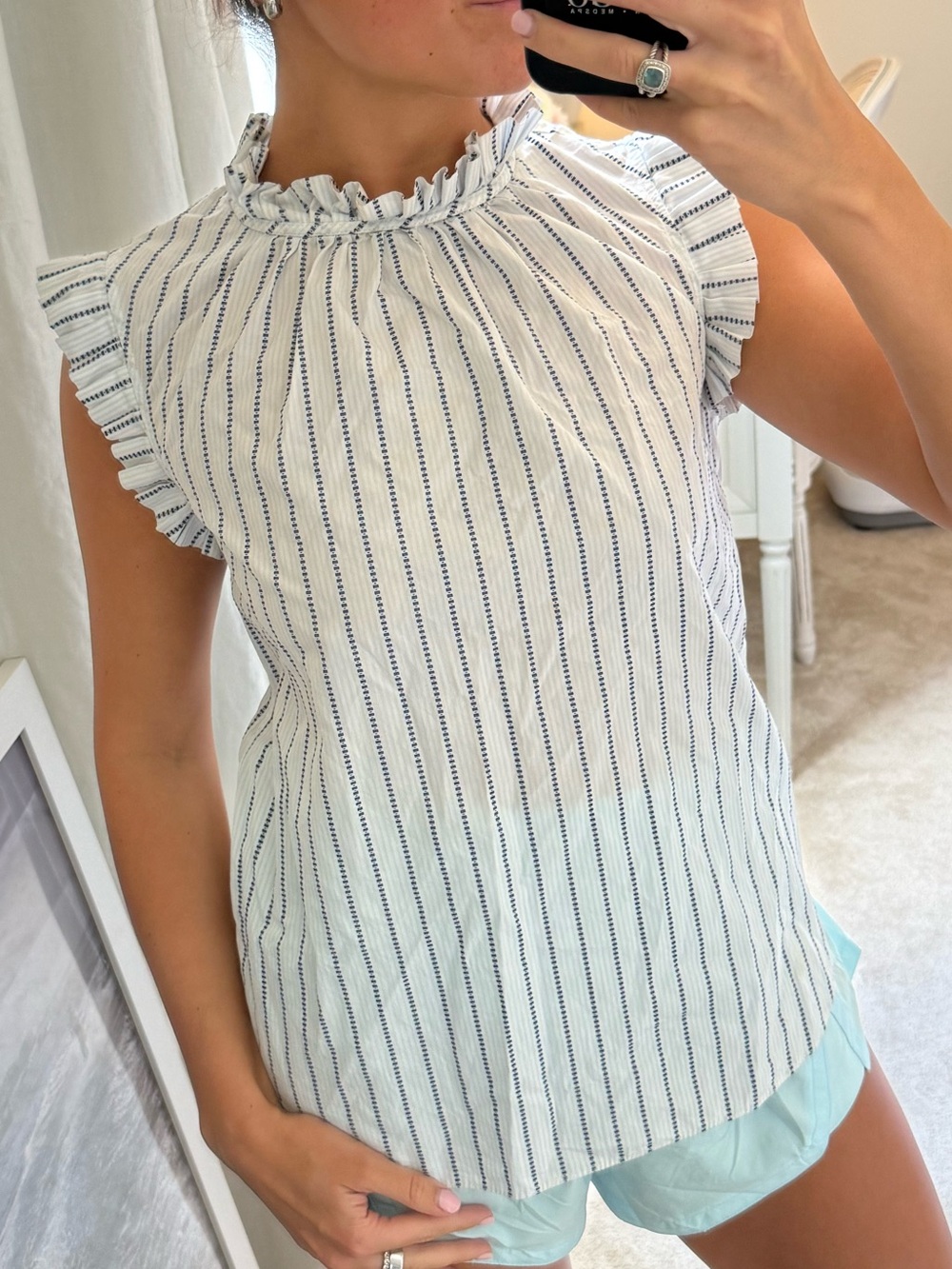 Alice & Trixie White Stripe Ruffle Mock-Neck Sleeveless Top